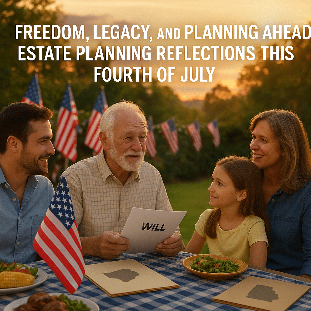 A multigenerational family enjoys a Fourth of July picnic at sunset, with American flags in the background. An elderly man holds a document labeled "WILL" while seated at a table with estate planning folders and food. Overlaid text reads, “Freedom, Legacy, and Planning Ahead: Estate Planning Reflections This Fourth of July.