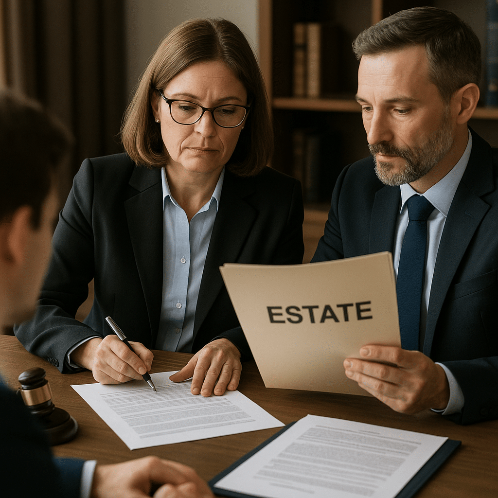 A middle-aged woman in a blazer reviews and signs estate documents at a desk while a male lawyer holds a folder labeled “Estate.” Another person sits across the table, with legal papers and a gavel nearby, creating a professional consultation scene.