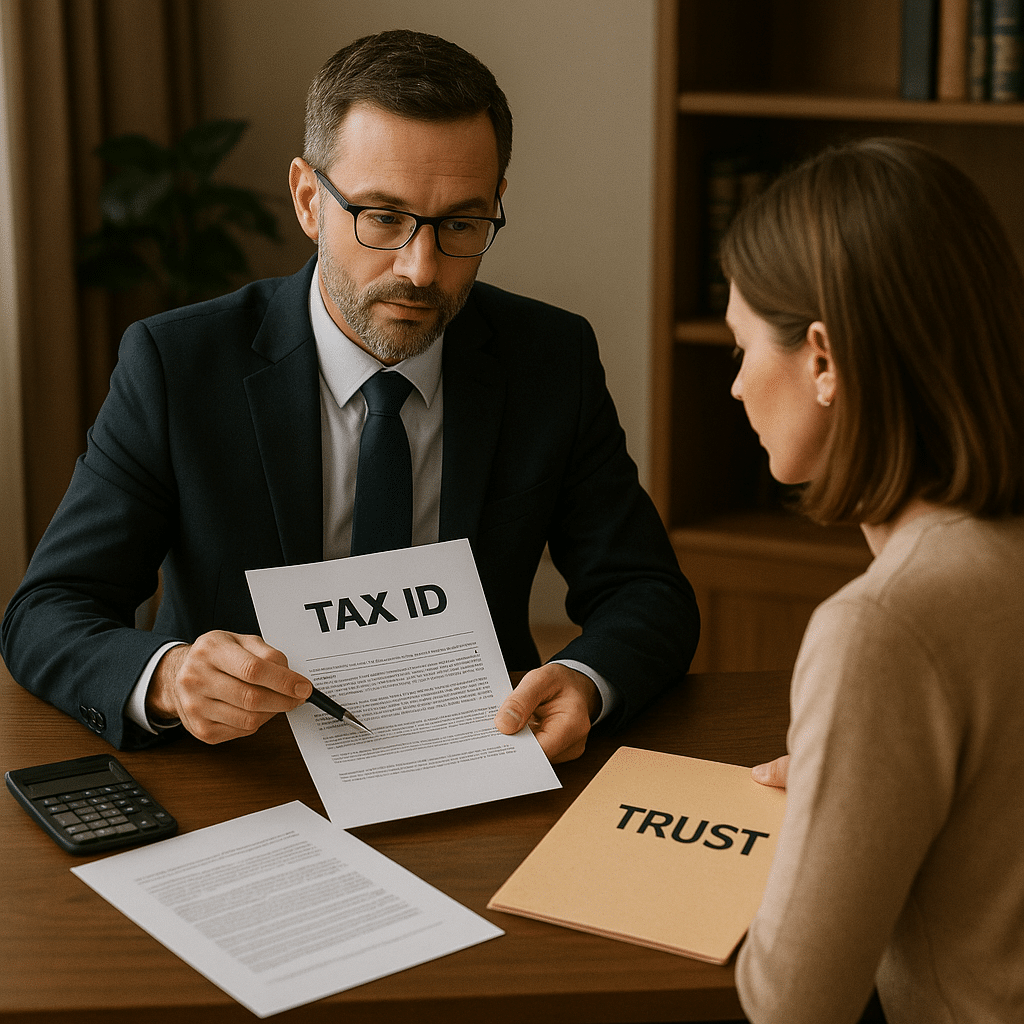 A male attorney in a navy suit reviews a “Tax ID” document with a female client seated across the desk. The client holds a folder labeled “Trust,” while other papers and a calculator rest on the desk, set in a professional office with warm lighting.