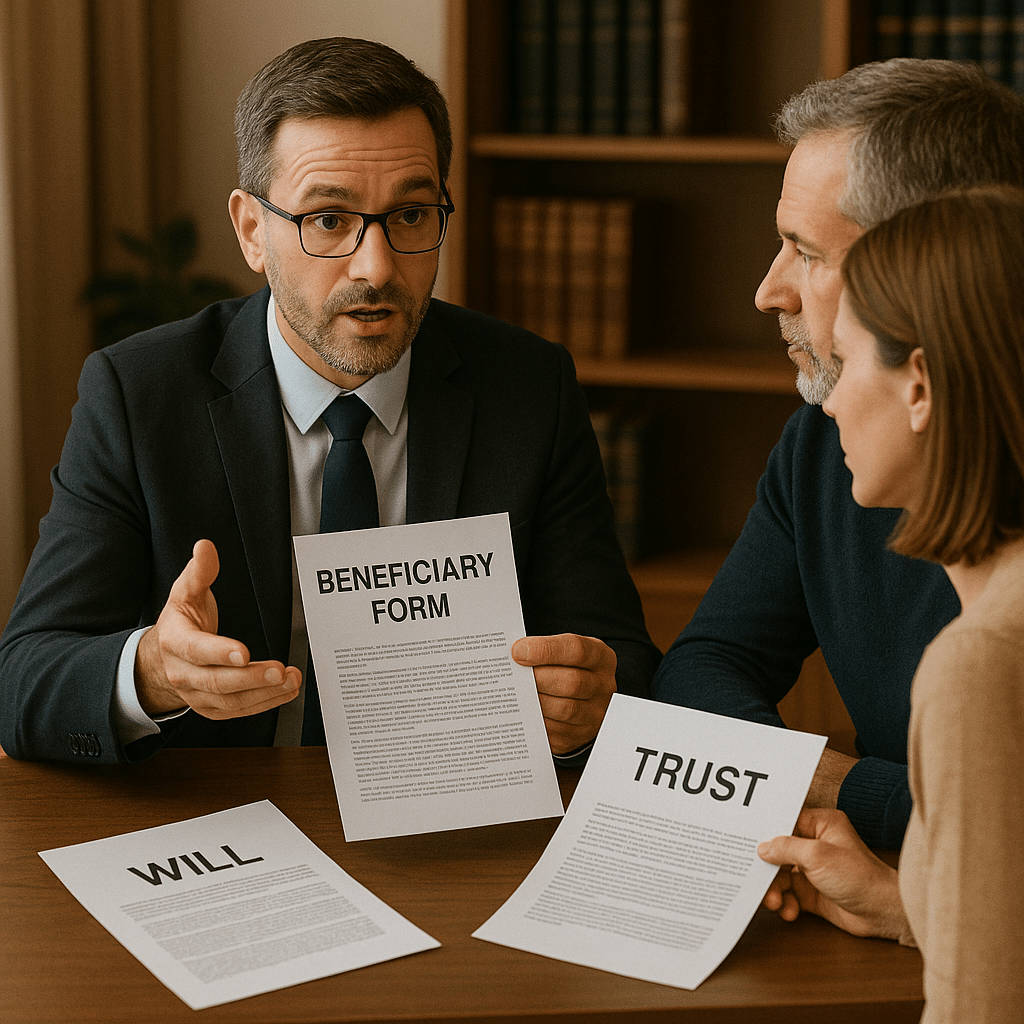 A lawyer in a suit holds up a “Beneficiary Form” while explaining it to a couple seated across from him. The couple reviews papers labeled “Will” and “Trust” on the desk, set in a warm, professional office with bookshelves in the background.
