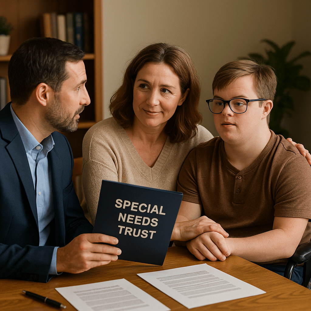 A financial advisor in a navy suit meets with a mother and her teenage son with Down syndrome in a warmly lit office. The advisor holds a folder labeled “Special Needs Trust,” while the mother affectionately supports her son as they discuss the planning documents on the desk.
