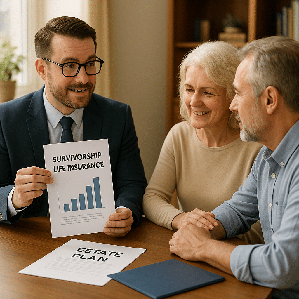 A financial advisor in a navy suit holds a document labeled “Survivorship Life Insurance” showing a rising bar chart, while an elderly couple smiles and listens attentively across the desk. Papers labeled “Estate Plan” are visible, symbolizing how life insurance supports estate planning.
