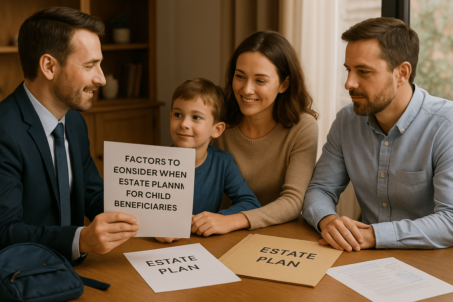 A smiling advisor meets with a mother, father, and their young son in a warmly lit office. The advisor holds a document labeled “Factors to Consider When Estate Planning for Child Beneficiaries,” while estate planning folders lie on the desk, symbolizing thoughtful planning for a child’s future.