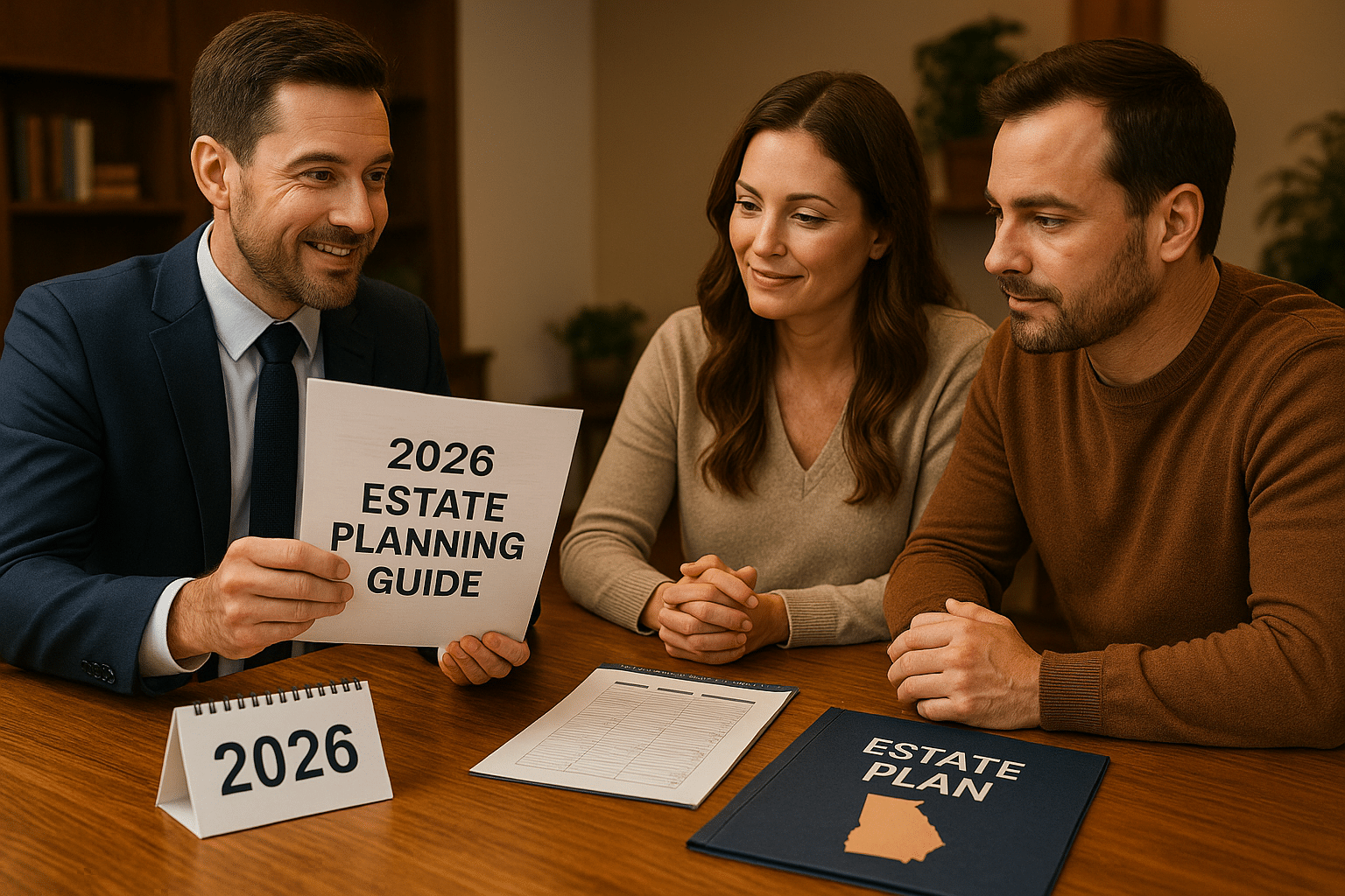 A smiling advisor meets with a middle-aged couple in a warmly lit office, holding a document labeled “2026 Estate Planning Guide.” A desk calendar showing “2026” and a folder marked “Estate Plan” with the outline of Georgia reinforce the upcoming-year planning theme.