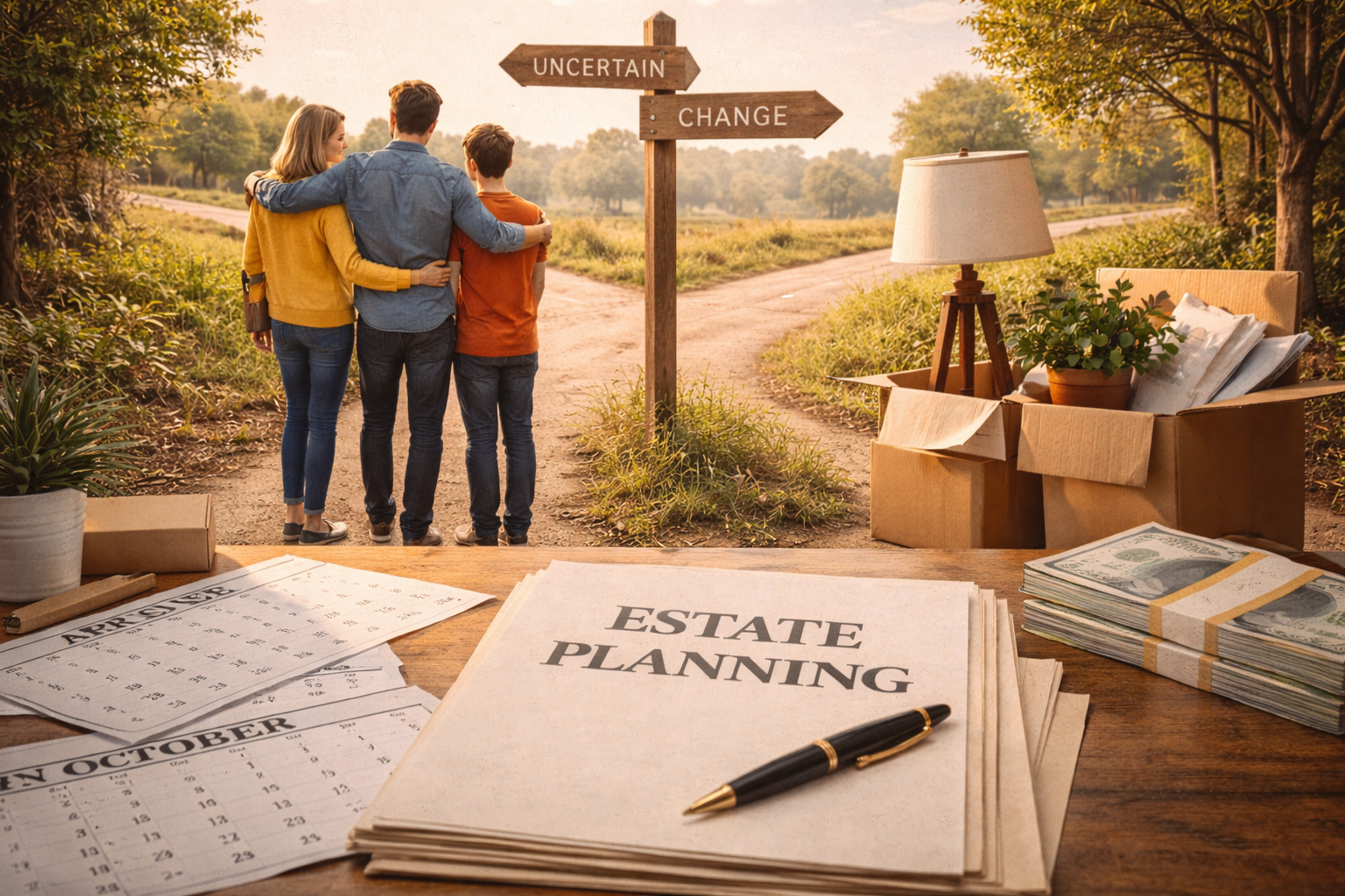A realistic outdoor scene shows a family standing together at a crossroads marked “Uncertain” and “Change,” symbolizing life transitions. In the foreground, an estate planning folder, pen, calendar pages, and neatly stacked cash rest on a wooden table, illustrating how estate planning must anticipate change rather than rely on long-term stability.