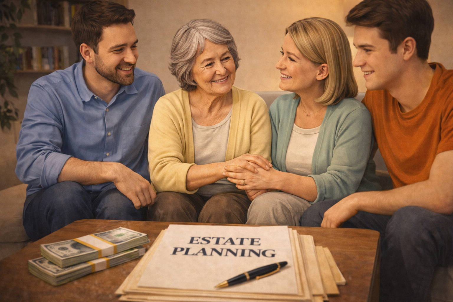 A multi-generational family sits together on a couch in a warmly lit living room, smiling and holding hands as they review estate planning documents on a coffee table. Stacks of papers labeled “Estate Planning” and neatly arranged cash are visible, conveying how thoughtful estate planning can ease emotional stress and bring reassurance to families.