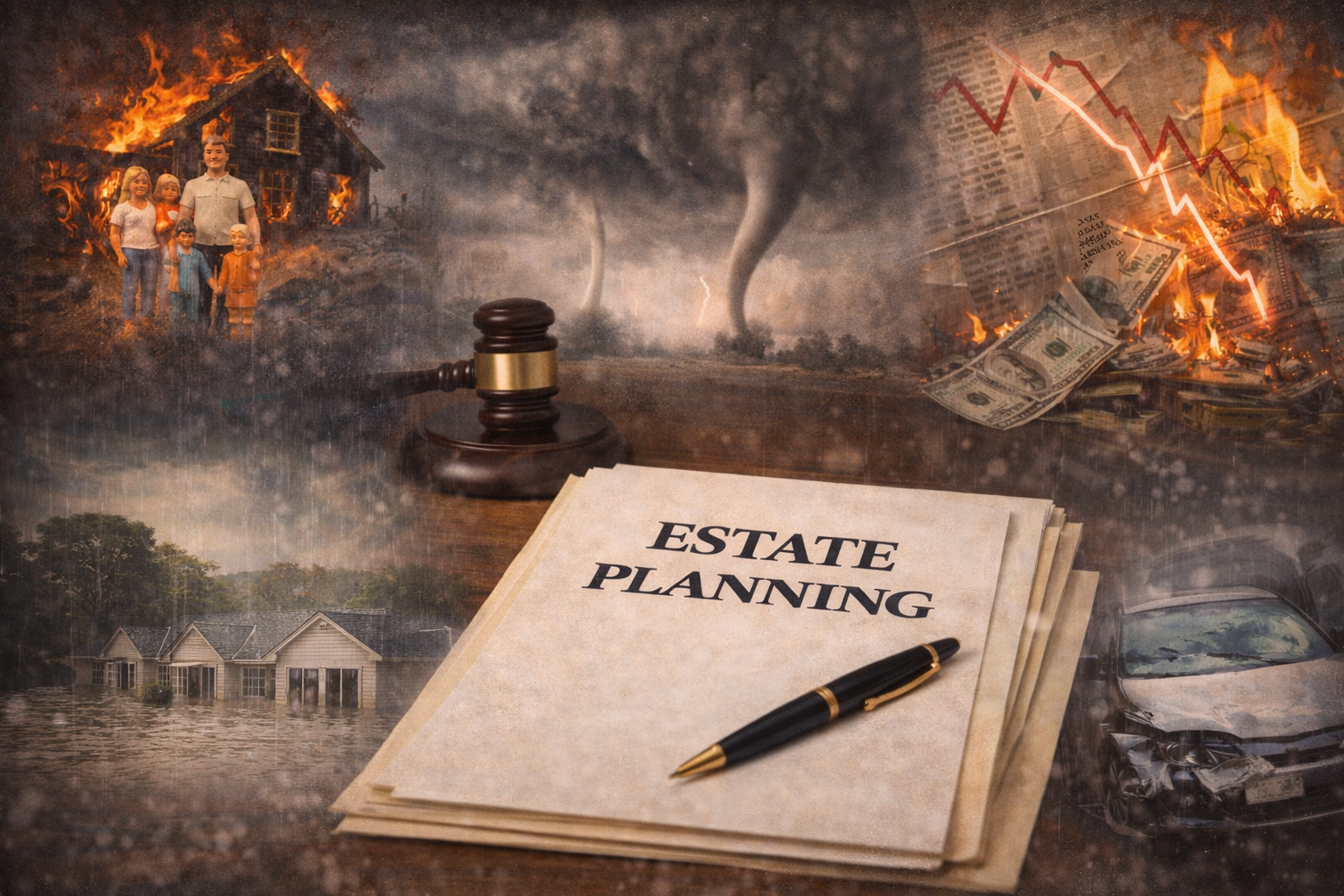 A dramatic, symbolic scene shows estate planning documents on a desk in the foreground, with a gavel and pen beside them. In the background, multiple life changes unfold—storm damage, a house fire, a market downturn, flooding, and a car accident—illustrating how estate planning must anticipate change and uncertainty rather than long-term stability.