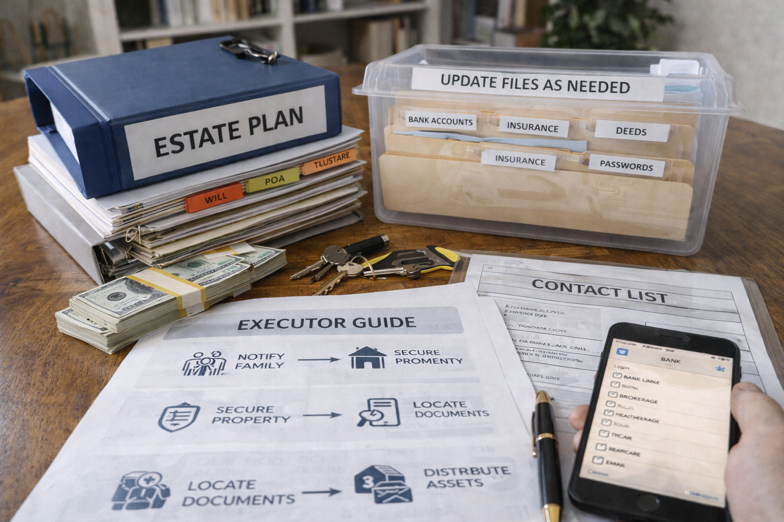 A neatly organized estate planning setup sits on a wooden table, featuring a binder labeled “Estate Plan” with clearly tabbed documents, a file box marked “Update Files as Needed,” an executor guide checklist, labeled folders for accounts and insurance, keys, a smartphone checklist, and a pen—illustrating what makes an estate plan easy to carry out.
