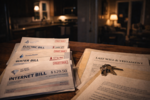 A stack of household bills (electric, water, internet) next to a will and a dimly lit home