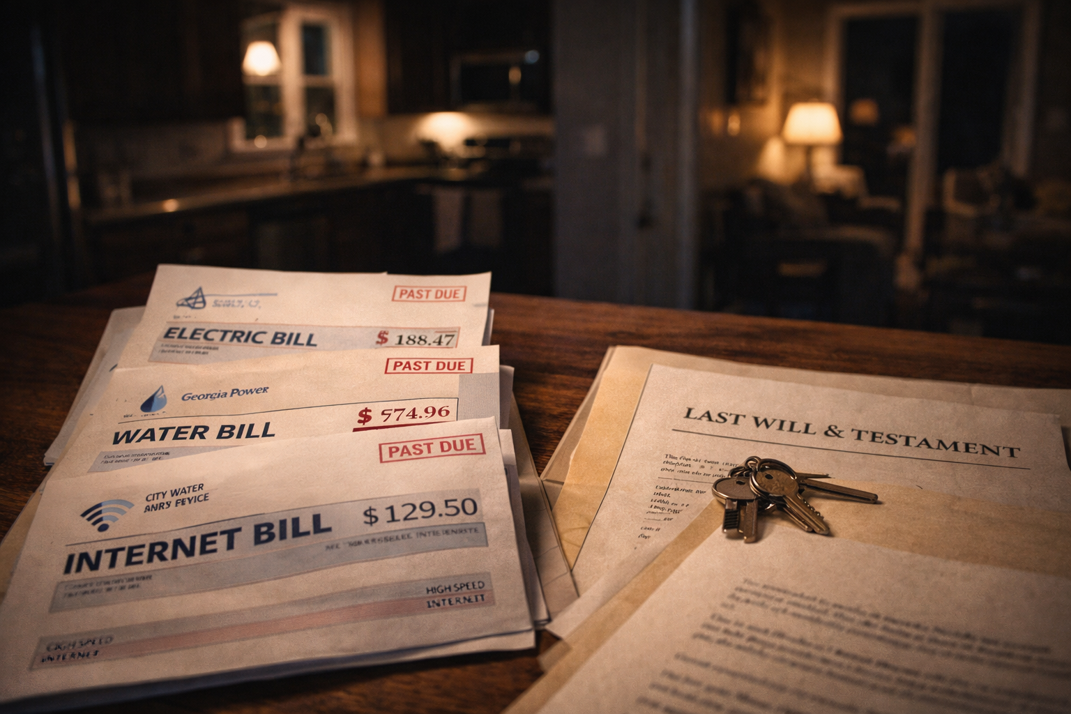 A stack of household bills (electric, water, internet) next to a will and a dimly lit home