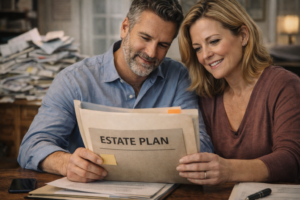 A couple confidently reviewing a simple-looking document while a messy pile of complex paperwork sits blurred in the background