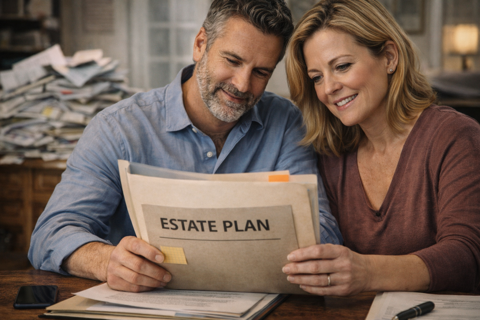 A couple confidently reviewing a simple-looking document while a messy pile of complex paperwork sits blurred in the background