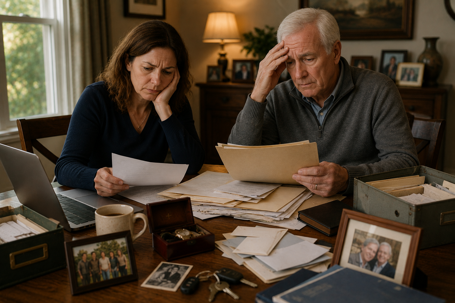 Sorting through papers in a cozy home