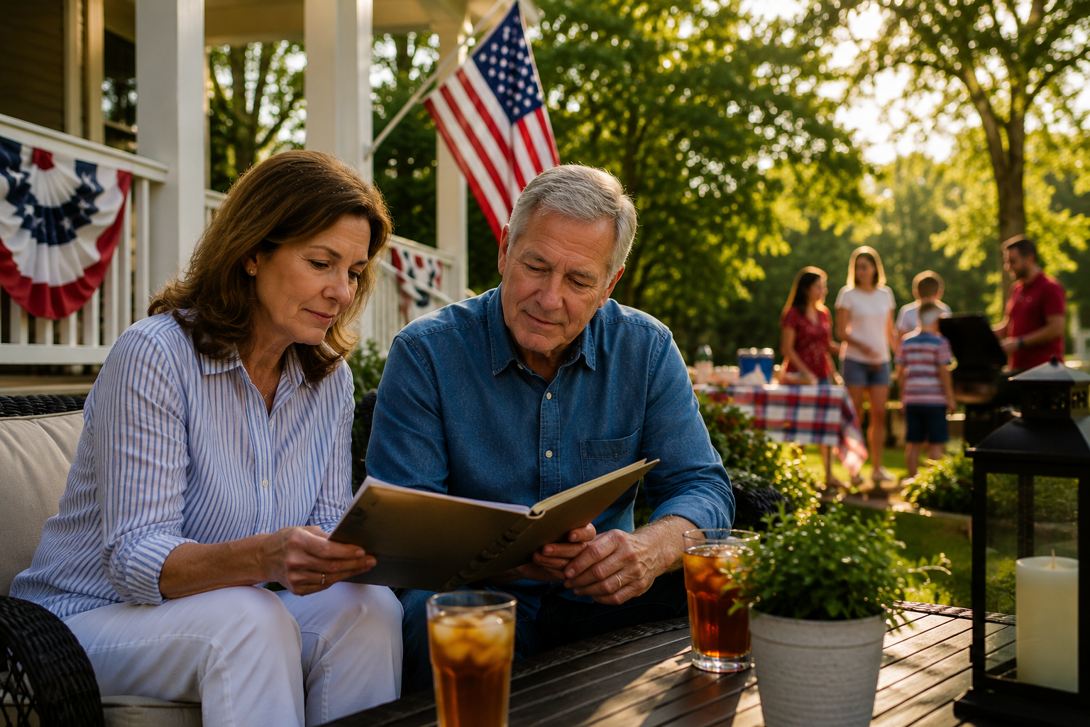 Patriotic porch gathering with loved ones