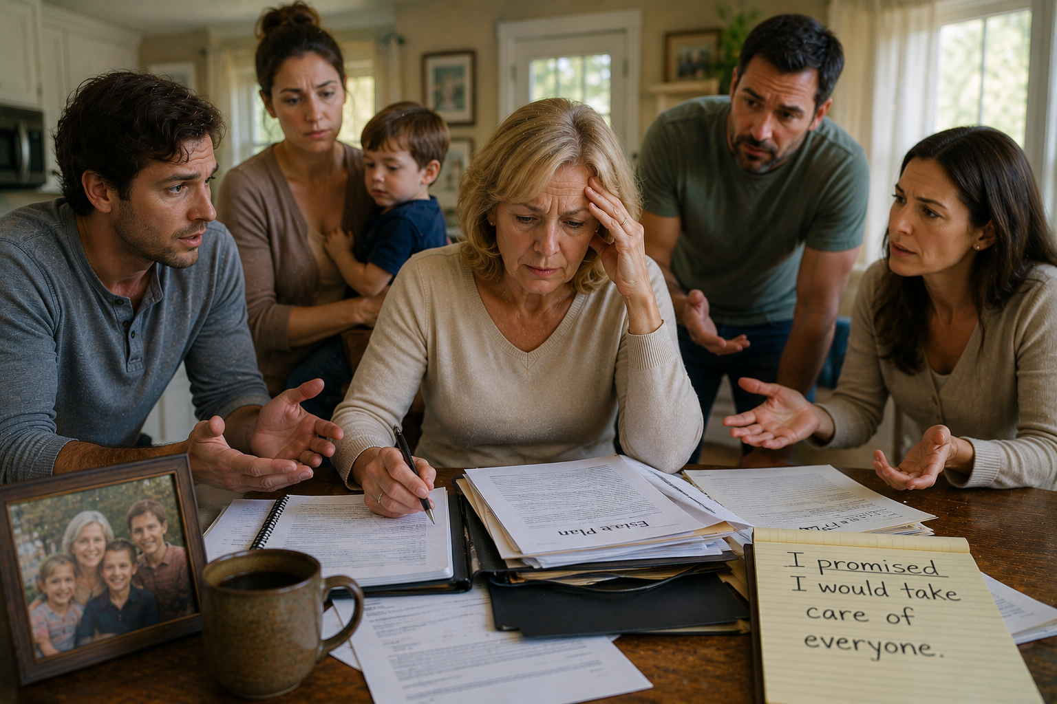 Family discussion in a busy kitchen